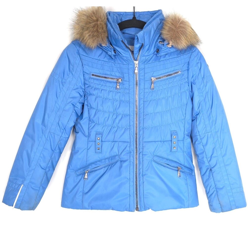 POIVRE BLANC Kids Girls 8 Ski Jacket Blue Fur Hood Insulated Zip Winter Coat